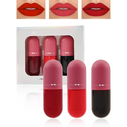 Lip Tint Stain Mini Liquid Lipstick-3Pcs Non-Stick Cup Dark Deep Ruby Red Lip Tint, High Pigment Lightweight, Matte Finish Lip Stain, Hydrating Lip Glow Oil, Lipstick Lip Gloss Set for Women-Set C