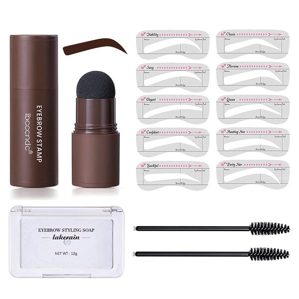ibcccndc One Step Eyebrow Stamp Shaping Kit - Eyebrow Soap + Eyebrow Powder Stamp + 10 Reusable Eyebrow Stencils + 2 Eyebrow Pen Brushes, Long Lasting Waterproof Eyebrow Makeup (dark brown)