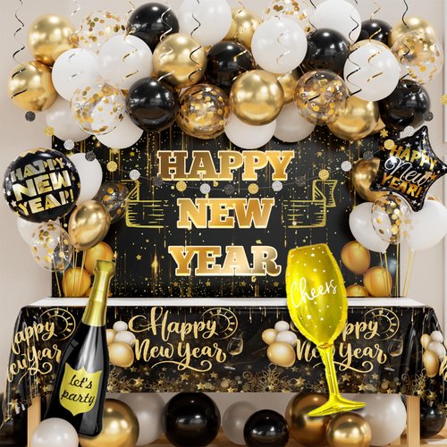 New Years Eve Party Supplies Black and Gold Decorations 2025 New Years Balloon,New Year Banner/Ta...