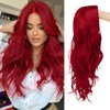 RicHyun Red Long Curly Wavy Wig Middle Part Cosplay Wig Synthetic Heat Resistant Costume Halloween Wigs for Women Girls