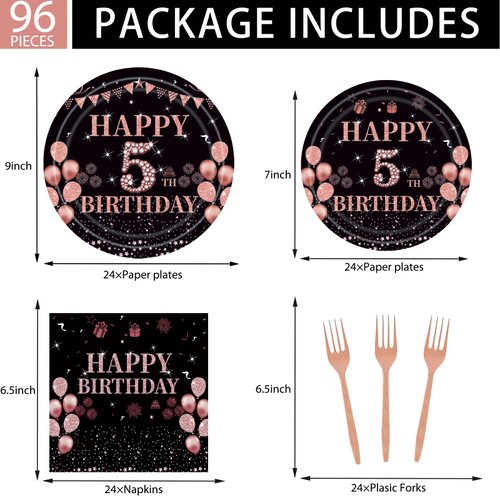 EMrups 96PCS 5th Birthday Party Plates Set Rose Gold Theme Decorations Include Rose Gold Plates and Napkins Forks for 5 Year Old Girls Birthday Party Supplies Serves 24 Guests