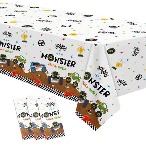 Suhelkit Monster Truck Birthday Decorations Tablecloth - Monster Truck Birthday Party Supplies Table Cover for Kids, Disposable Monster Truck Party Decorations Table Cloth - 3 Pack (54in x 108in)