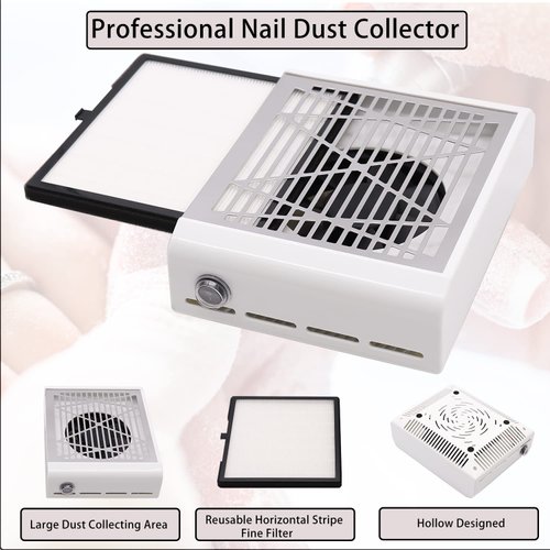 Hizozee Electric Nail Dust Collector Machine, Nail Vacuum Suction Fan with Reusable Filters, Stainless Steel Nail Dust Cleaner, Dust Extractor Manicure Tool for Acrylic Gel Nail Polishing, White