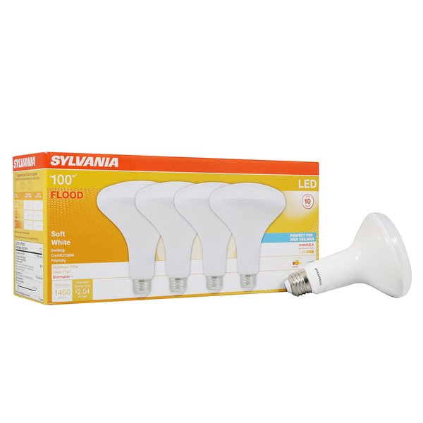 Sylvania BR30 LED Flood Light Bulb, 100W = 17W, Dimmable, 10 Year, Medium Base, 1450 Lumens, 2700K, Soft White - 4 Pack (40070)