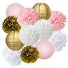 Baby Shower Decorations Furuix 12pcs Pink Gold Party Decorations Tissue Paper Pom Pom Honeycomb Ball and Paper Lantern for One Year Old Girls' Princess Birthday Decorations