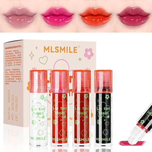 HASAILY 4 Colors Roll on Lip Tint Stain Set, Korean Lip Gloss Mini Liquid Lipstick Long Lasting Non-sticky Lightweight Multi-use Lip & Cheek Tint with Moisturizing Clear Lip Oil Makeup,Vivid Color
