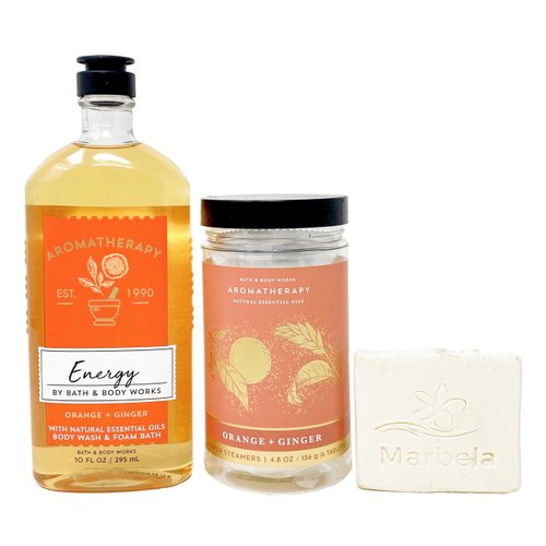 Bath & Body Works Aromatherapy Energy Orange & Ginger - Duo Gift Set - Body Wash and Shower Steamers With a Natural Oats Sample Soap.
