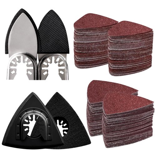 104Pcs Oscillating Tool Detail Sanding Pads Kit, 2Pcs Triangle Sanding Pads and 2Pcs Finger Sanding Pad, 100Pcs Multitool Sandpaper, Grit Fit for Finishing Wood Sanding Plaster