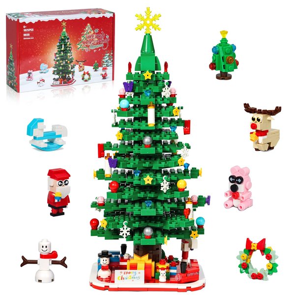 Christmas Tree Building Set, Christmas Building Blocks with Lights, Holiday Christmas Tree Toys for Kids Adults Xmas Tabletop Decorations (1025 PCS)