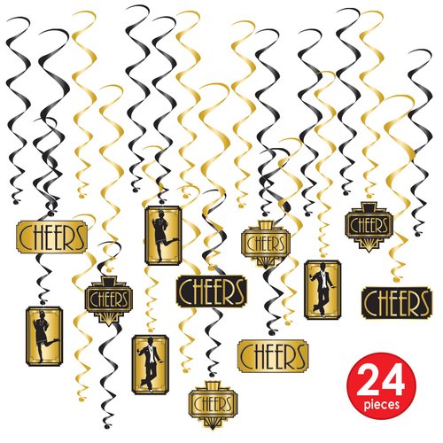 Beistle 24 Piece Roaring 20 Swirls 1920’s Theme Party Decorations Dangling Whirls, 17"-32", Black/Gold