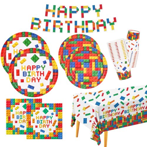 Building Block Party Supplies Paper Plates Napkins Cups Tablecloth Banner for Colorful Building Block Birthday Party Decorations for Boys, Kid’s Birthday Party Decorations Serve 25
