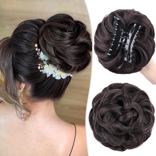 Dee Thens Claw Clip in Hair Bun Messy Curly Clip in Claw Hair Hairpieces Wave Natural Ponytail Synthetic Chignon for Women (Natural Black)