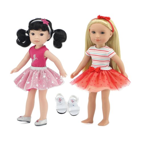 Emily Rose 14" Doll Clothes Value Bundle | 4 PC Unicorn Pink Tutu Gift Set and 4 PC Coral Tutu Outfit with T-Shirt, Hairband and Sandals | Fits Glitter Girls Fashion Dolls