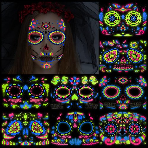 HOWAF Neon Day of The Dead Temporary Tattoos 8 Pairs Face Mask Tattoos, Glow UV Neon Dia De Los Muertos Sugar Skull Face Body Tattoos Sticker for Halloween Mexican Makeup Cosplay Party Supplies