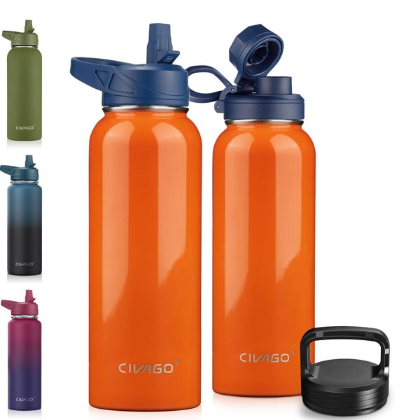 CIVAGO 40 oz Insulated Water Bottle With Straw, Stainless Steel Sports Water Cup Flask with 3 Lids (Straw, Spout and Handle Lid), Double Walled Travel Thermal Canteen Mug, Deep Orange