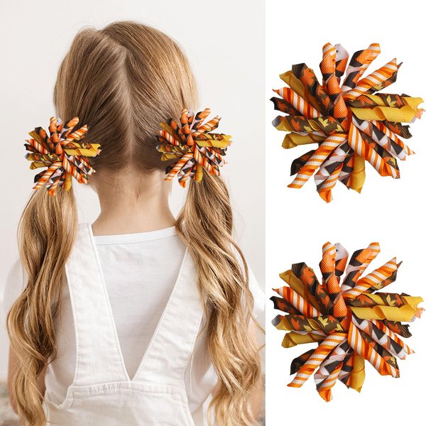 2PCS Orange Korker Bows for Girls Fall Thanksgiving Hair Clip Curly Bow Hair Clip Ribbon Ponytail Bows Alligator Clip Hair Barrette Thanksgiving Halloween Hair accessory for Girls Toddlers Kids(A)