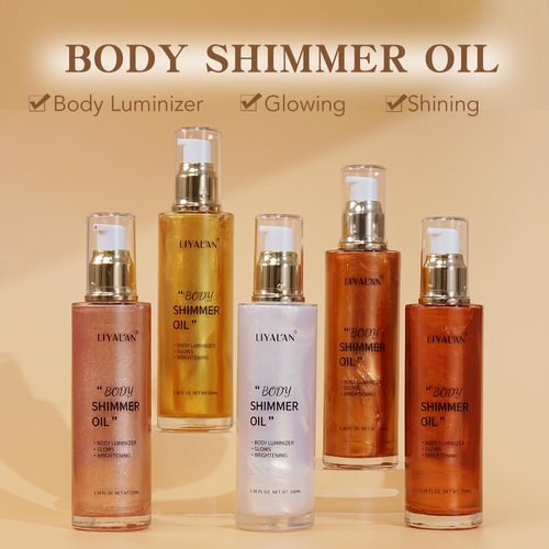 Liyalan Shimmer Body Oil Gold 5 Color Bronze Face Glow Pearl Highlighter Illuminator Body Makeup Shine Glitter Gold Liquid Taning(3.38 Fl Oz/#02)