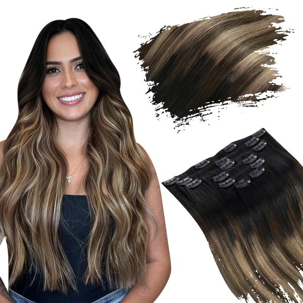 Ugeat Real Hair Etensions Clip In Human Hair Natural Black to Dark Brown Mix Caramel Brown Balayage Invisible Clip In Hair Extensions Human Hair Thick End 20 inch 7pcs 120g(105g Hair+15g Clips)