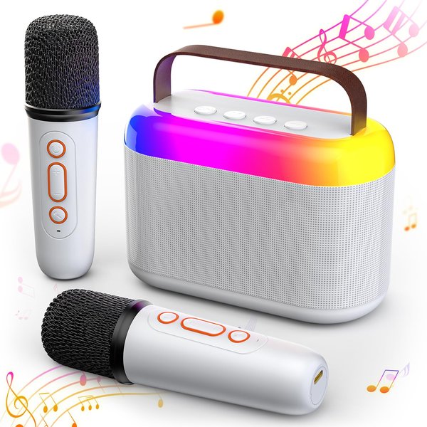 EagleStone Mini Karaoke Machine for Kids Adults with 2 Wireless Microphones, Portable Bluetooth Speaker 5.3 with Lights 5 Voice Changes, Toddler Teens Toys, 3 4 5 6 7 8 + Year Old Girl Birthday Gifts