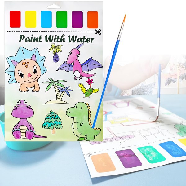 Paint with Water Books for Toddler Kids, Watercolor Painting Book Coloring Paper Card with Paint Palette and Brush Art Craft Gift for Drawing-Dinosaur