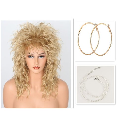 Lucoacos Womens Blonde Long Curly Wig 80s Rocker Mullet Wig Halloween Party Costume Wig