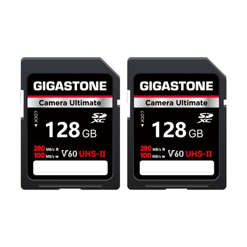GIGASTONE 128GB 2-Pack SD Card UHS-II V60 U3 SDXC Memory Card High Speed Read up to 280MB/s 4K Ultra HD UHD Video for DSLR Canon Nikon Sony Pentax Olympus Panasonic Digital Camera, with 2 Mini Cases