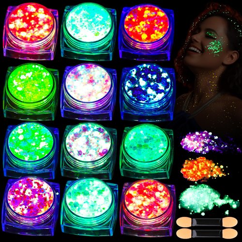 Teenitor 12 Colors Glow in The Dark Glitter Gel, Body Glitter Gel Face Glitter Gel Hair Glitter Gel, UV Black Light Glitter, Chunky Glitter Makeup for Raves Festivals