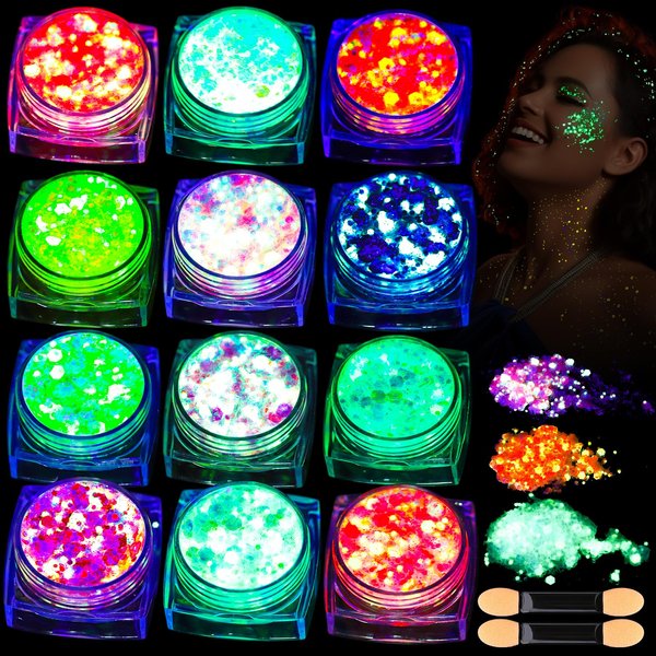 Teenitor 12 Colors Glow in The Dark Glitter Gel, Body Glitter Gel Face Glitter Gel Hair Glitter Gel, UV Black Light Glitter, Chunky Glitter Makeup for Raves Festivals