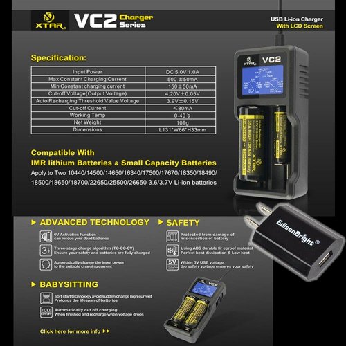 XTAR VC2 universal USB powered smart battery Charger For Li-ion / IMR 10440/14500/14650/16340/17500/17670/18350/18500/18650/ 18700/ 22650/25500/26650 3.6/3.7V types with EdisonBright brand USB power adapter bundle