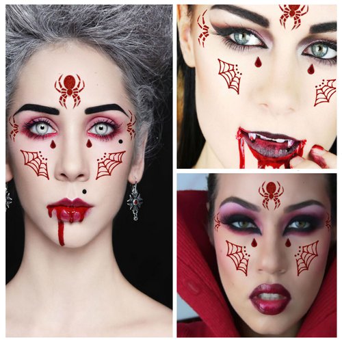Halloween Spider Face Temporary Tattoo Stickers Face Shoulder Arm Back Scary Spiderweb Witch Makeup Kit for Halloween Costume Cosplay Theme Masquerade Party (Red)
