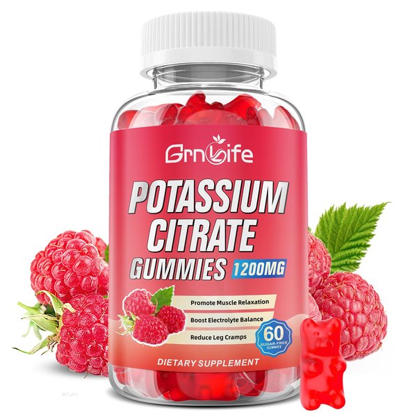 Potassium Citrate Gummies, High Potassium Supplement Gummies 1200mg Support Leg Cramps & Muscle Health, Potassium Gummies for Adults & Kids, Vegan, Raspberry Flavor 60 Count