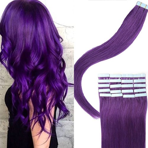 Yotty Hair Extensions Tape in Seamless Skin Weft Remy Human Hair (20Inch 20Pcs 50Gram, Purple)