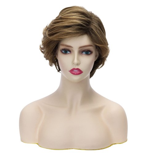 FVCENT Short Blonde Brown Wig Short Curly Wavy Wigs for Women Short Layered Wavy Full Wigs Golden brown Ombre Blonde Wigs Synthetic Full Hair Wig (Golden brown)