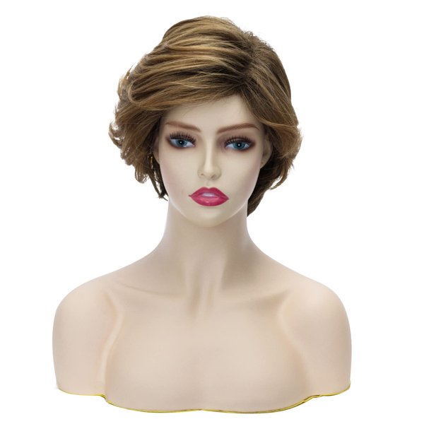 FVCENT Short Blonde Brown Wig Short Curly Wavy Wigs for Women Short Layered Wavy Full Wigs Golden brown Ombre Blonde Wigs Synthetic Full Hair Wig (Golden brown)