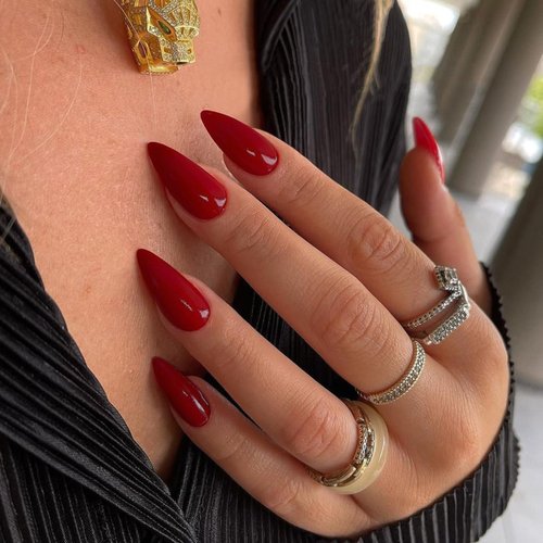 Red Press on Nails Medium Almond Stiletto,KQueenest Pure Color Acrylic Nails Set Reusable Fake Nails Almond Nails Press on False Nails for Women with Feature Protective UV Coating Manicure