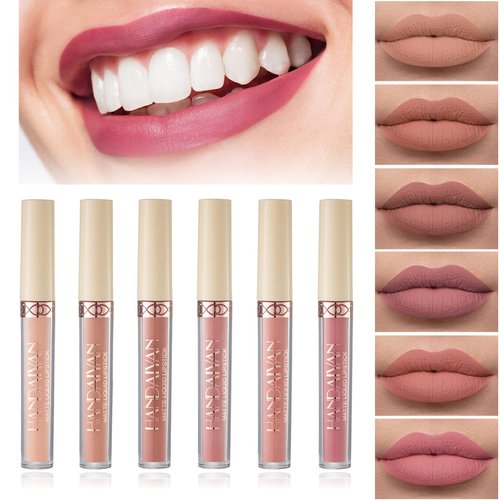 6 Piece Matte Liquid Lipstick Set,Nude Matte Liquid Lip Stain Set,Nude Lipstick Matte Ladies Long Lasting Waterproof Non-Stick Cups,Non-Fade Nude Lipstick Lip Gloss Set （Set B)