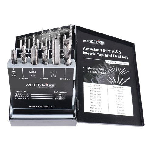 Accusize Industrial Tools 18 Pc Hss Tap and Drill Set, Metric, 0001-0052