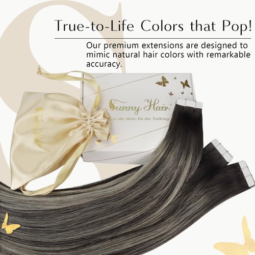 Sunny Hair Tape in Extensions Black Ombre Tape in Hair Extensions Human Hair Natural Black Ombre Silver Grey Balayage Tape in Human Hair Extensions Black Ombre Hair Extensions Tape in 16inch 50g 20pcs