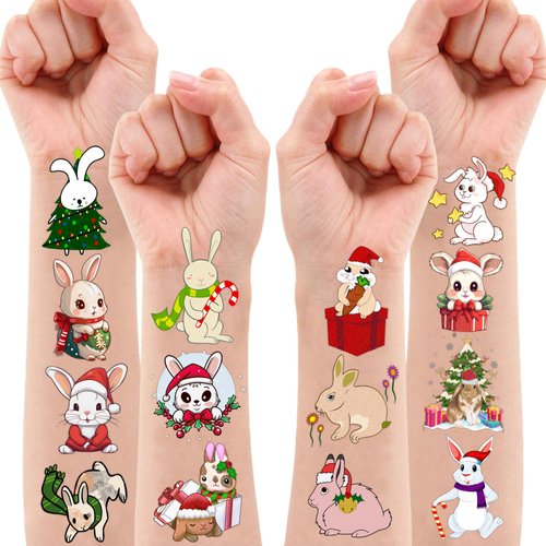 Christmas Temporary Tattoos Bunny Party Decorations Favors Supplies Xmas Themed Cute Stickers 10 Sheets 100 PCS Gifts for Baby Girls Boys Class School Carnival