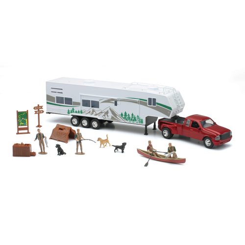 NewRay Toys Die Cast Pick Up Truck with Camper Trailer and Accessories