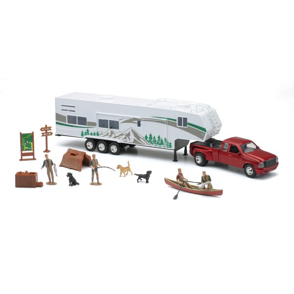 NewRay Toys Die Cast Pick Up Truck with Camper Trailer and Accessories
