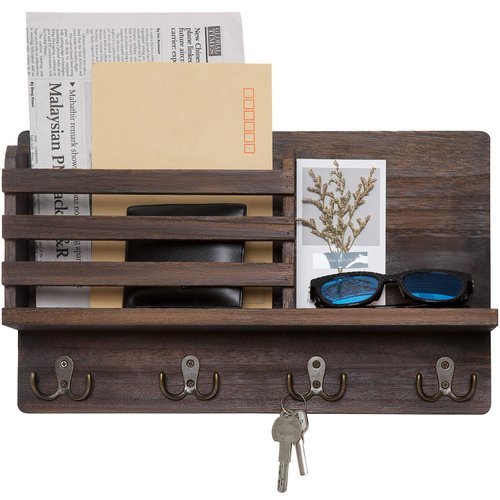 Dahey Wall Mounted Mail Holder Wooden Key Holder Rack Mail Sorter Organizer with 4 Double Key Hooks and A Floating Shelf Rustic Home Decor for Entryway or Mudroom,15.7" W x9.3 Hx3.2 D, Brown