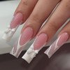 ROFIBUT French Tip Press on Nails Long Square Fake Nails Glossy Coffin False Nails with Bow Rhinestone Glitter White French Tip with Pearl Designs Reusable Acrylic Nails for Women Girls Manicure 24Pcs