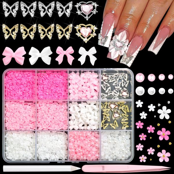 BELICEY 1000PCS Flowers Nail Charms 3D Alloy Butterfly Bow Nail Charms Pink&White Star Heart Moon Pearls Beads Nail Charms Cute Nail Jewels for Nail Art DIY Crafts with Picker Pencil and Tweezer