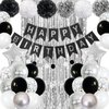 Black and Silver Birthday Party Decorations, Black White Silver Balloons Birthday Decoration Black Happy Bithday Banner Star Foil Balloon Silver Fringe Curtain Pompom for Women Men Birthday Supplies