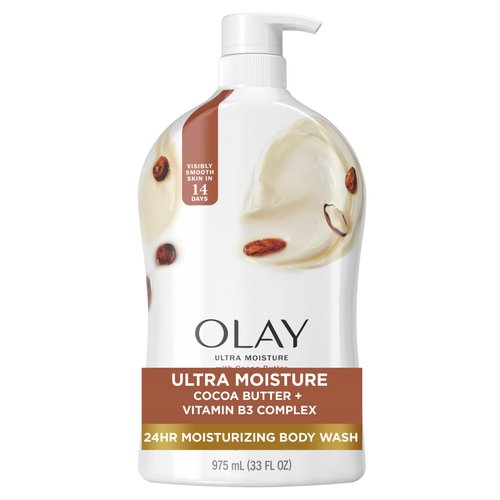 Olay Ultra Moisture Body Wash for Women, 24hr Moisturizing, Deeply Nourishes, Vitamin B3 Complex, Cocoa Butter Scent, 33 fl oz
