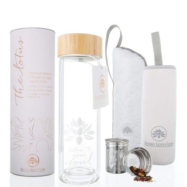 Sacred Lotus Love Double-Walled Glass Tea Tumbler with Infuser and Strainer - Perfect for Loose Leaf Tea, Cold or Hot Water Bottle, Fruit Drinks - Comes with Travel Sleeve and Cozy