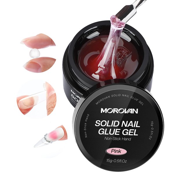 Morovan Solid Glue Nail Gel: 15g Solid Nail Glue for Acrylic Nail Tips Super Strong Pink Glue Gel Solid Hard Gel for Nails Art DIY Home