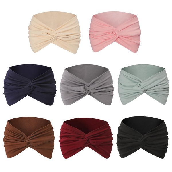 Mandydov 8 Pack Wide Headbands for Women, Soft Stretchy Turban Headband Hair bands Head Bands Hair Wraps with Twisted Knots for Clean Face Makeup Yoga Workout