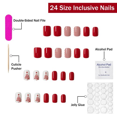 Christmas Fake Nails Short Square Winter Press on Nails Red Full Cover Xmas Tree Candy Cane False Nails with Designs Glossy Glue on Nails Acrylic Nails Artificial Nails for Women Girls 24Pcs